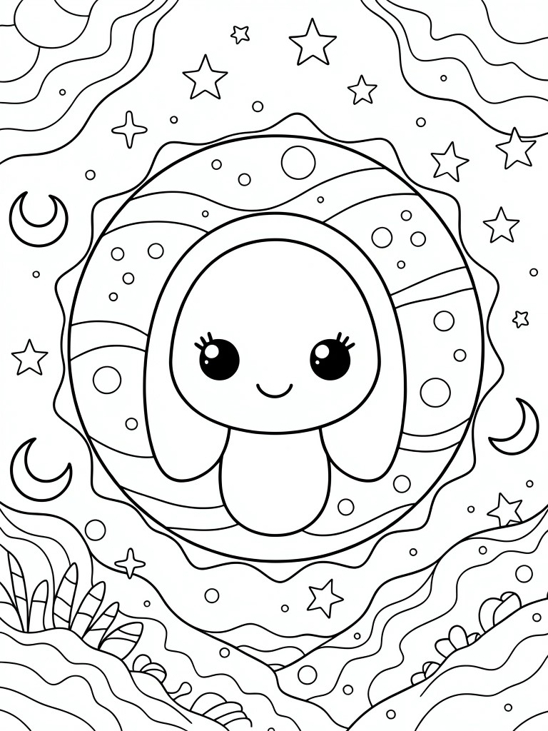 Black and white line art of a cute cartoon creature with big eyes inside a striped planet, surrounded by stars, moons, and wavy space elements.