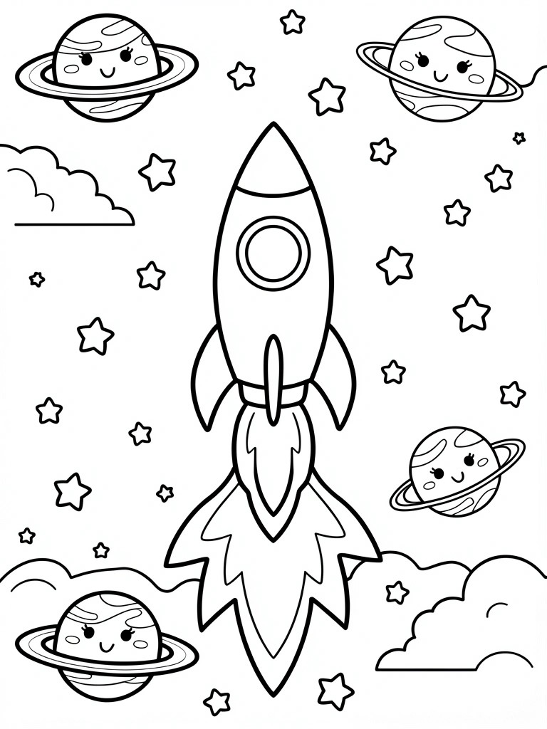 A black and white coloring page shows a central rocket with flames, several ringed planets with faces, scattered stars, and cloud shapes.
