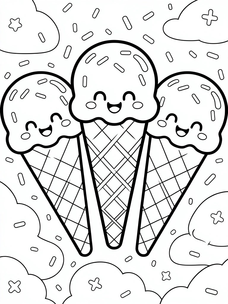 A black and white coloring page shows three cartoon ice cream cones with smiling faces and sprinkles, set against clouds and small scattered shapes.