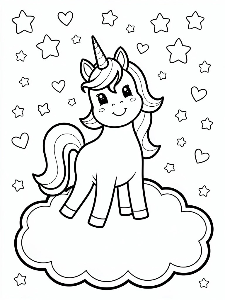 A black and white line drawing of a smiling unicorn with a horn standing on a cloud, surrounded by stars and hearts.