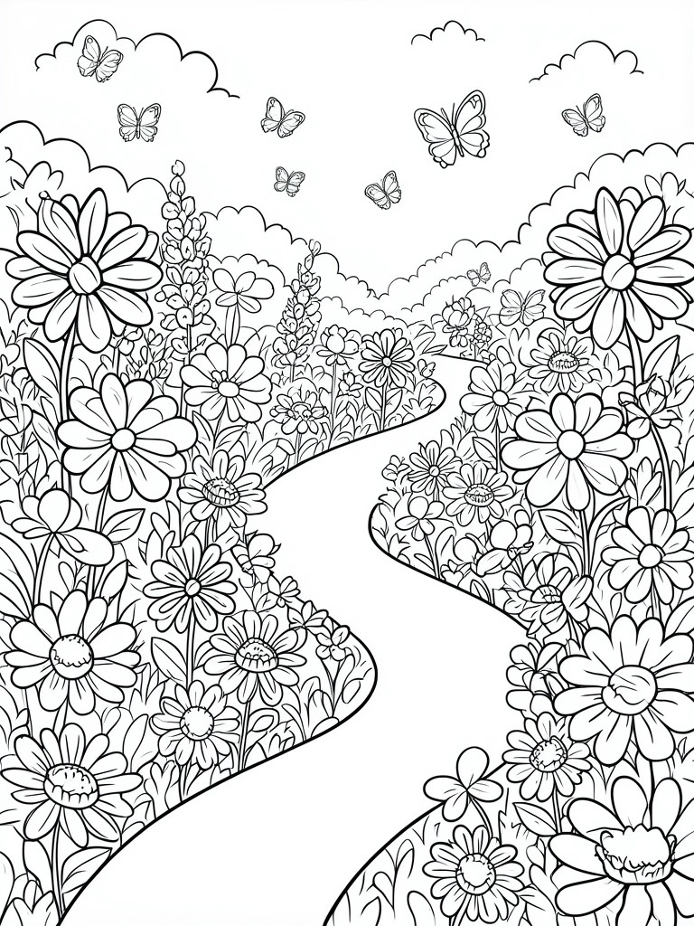 A black and white line drawing shows a winding path through a meadow of flowers with butterflies and clouds in the sky.