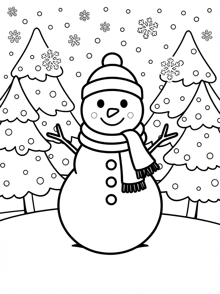 A coloring page of a snowman wearing a hat and scarf, standing between pine trees with snowflakes falling around it.