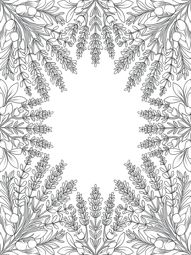 Black and white line drawing of botanical border with leaves, flowers, and berries
