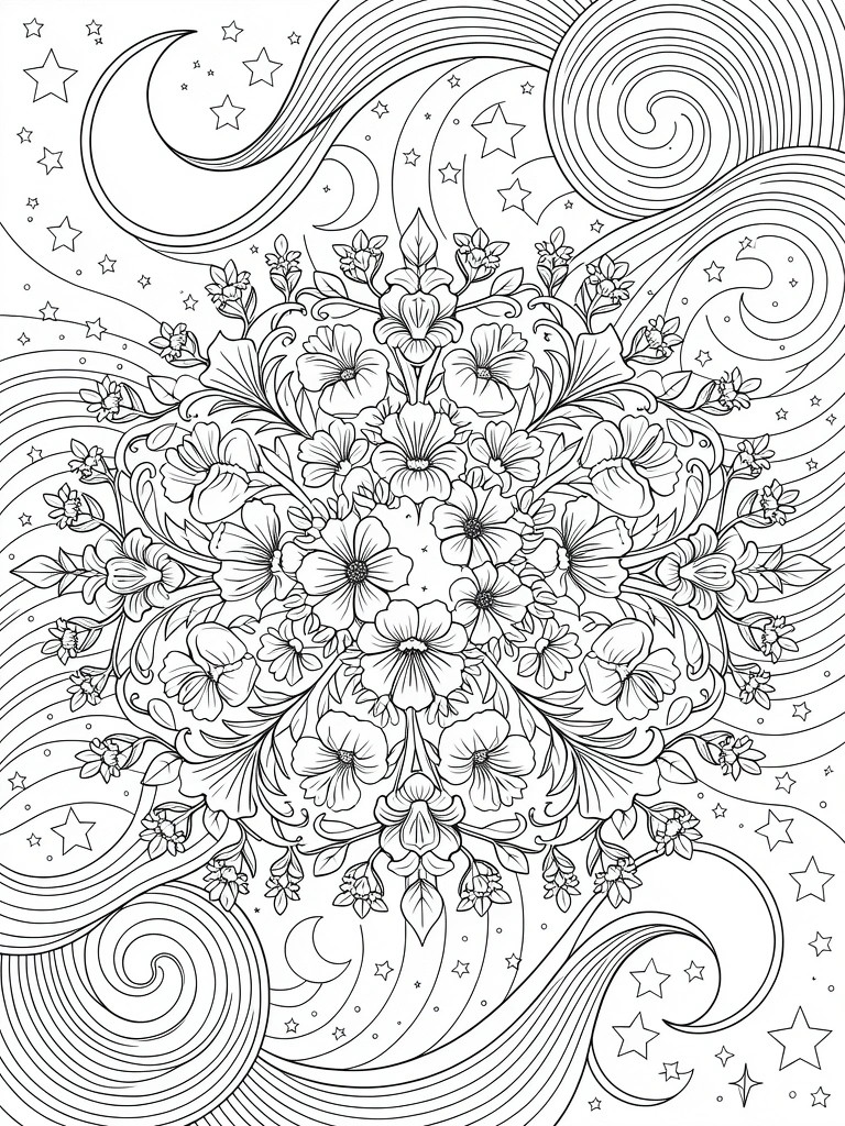 A black and white coloring page with a central flower cluster surrounded by stars, moons, and swirling cosmic patterns.