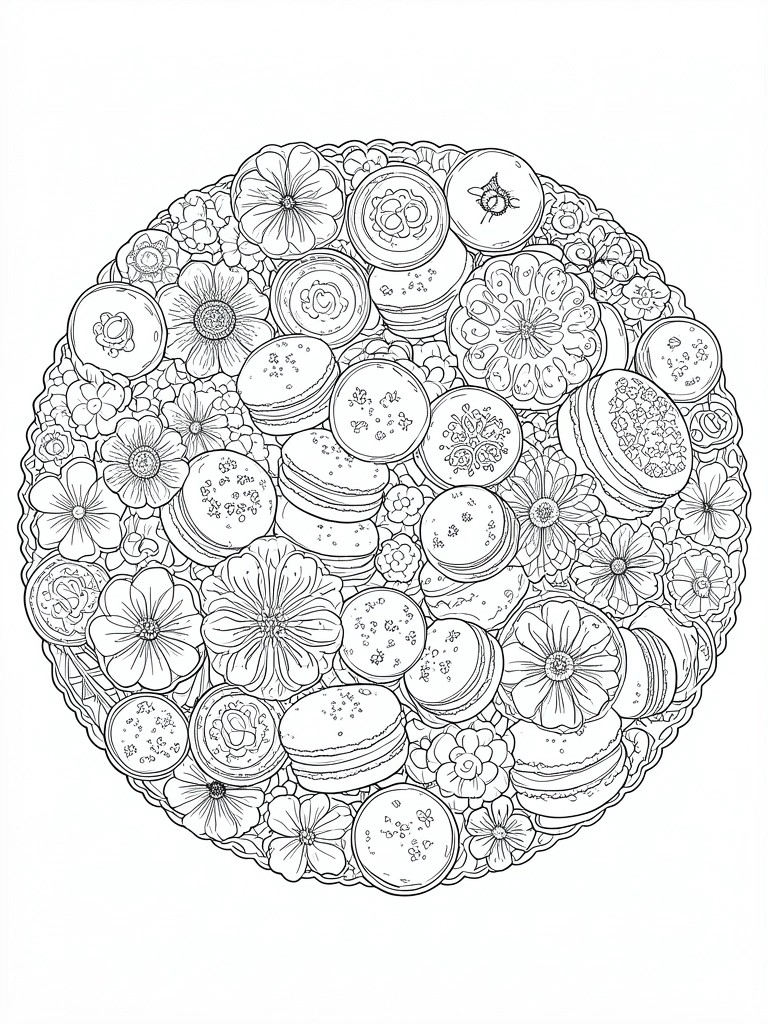 A round coloring page with outlined macarons and flowers arranged in a dense circular design.