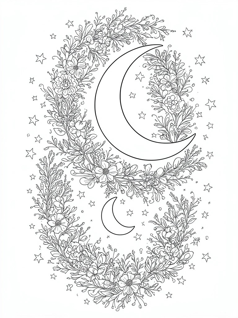 A black and white coloring page shows two crescent moons surrounded by floral wreaths and scattered stars.