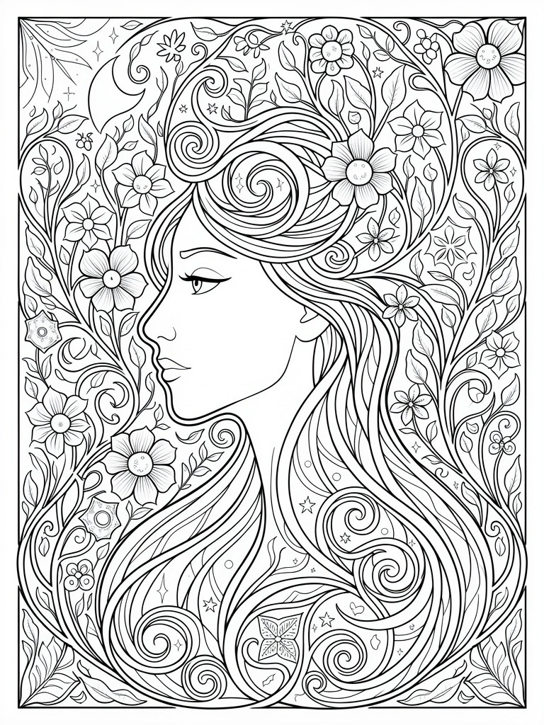 Black and white line art of woman's profile with floral swirling hair and stars.