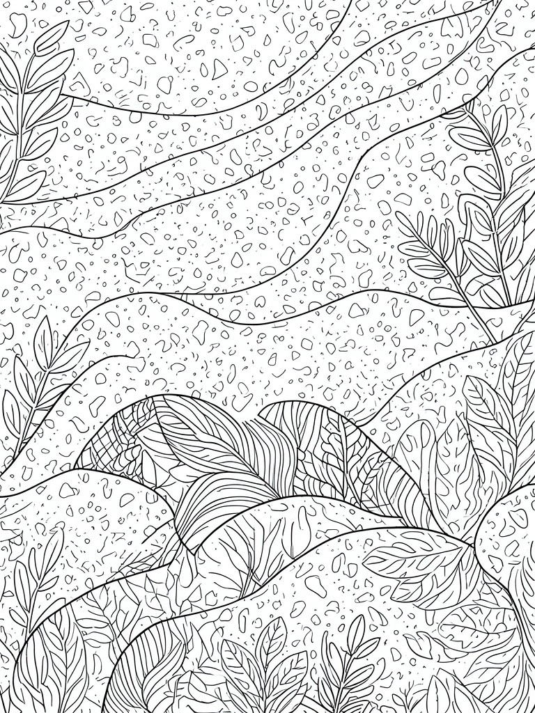 Black and white line art of leaves with wavy abstract patterns