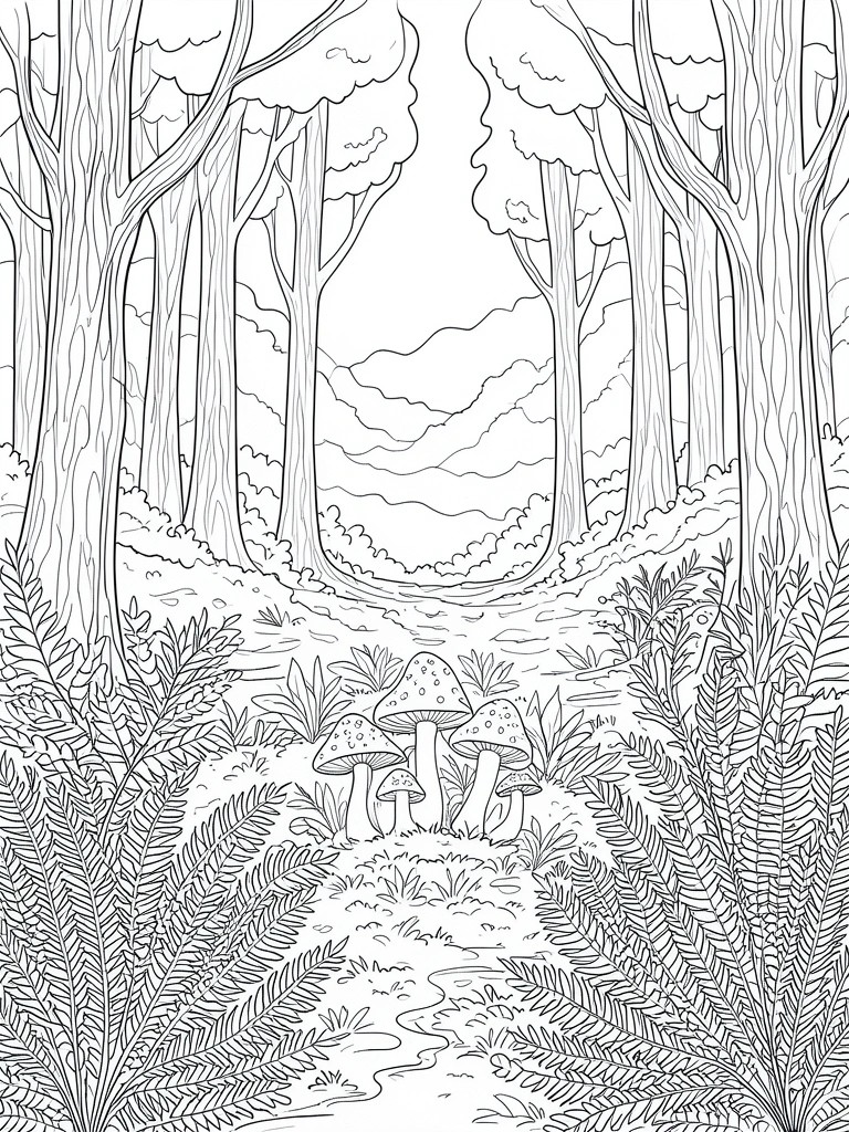 A black and white line drawing of a forest scene with tall trees, a central group of mushrooms, ferns in the foreground, and hills in the background.