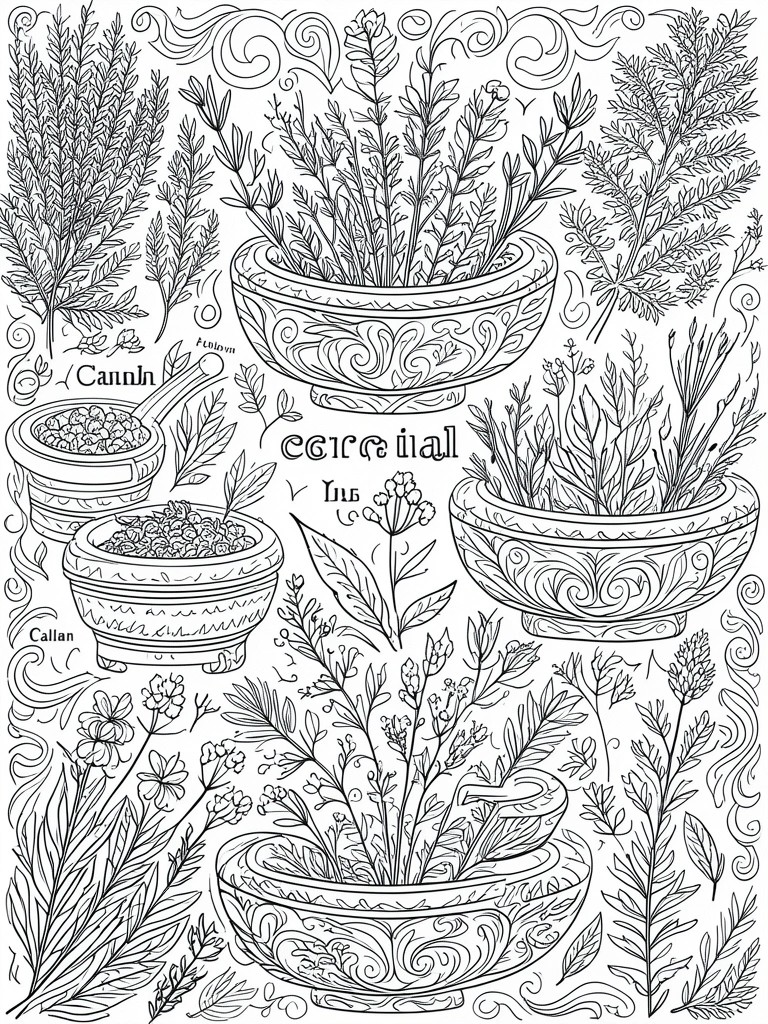 A black and white line drawing of several patterned bowls containing herbs and flowers with additional plant clusters around them.
