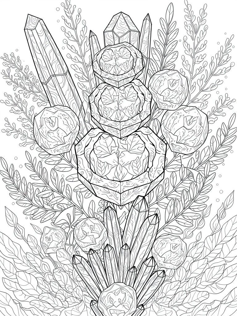 Detailed line art of faceted crystals amid leafy branches and foliage.