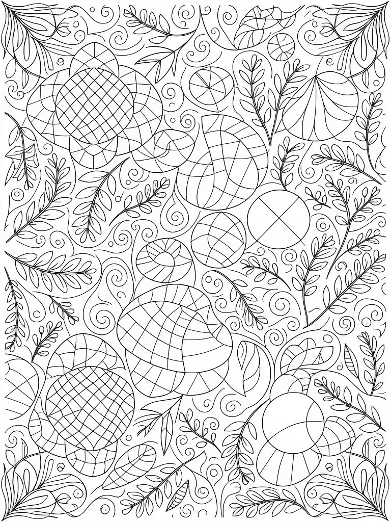 A black and white line drawing filled with leaves and overlapping circles that contain grid, stripe, and cross patterns.