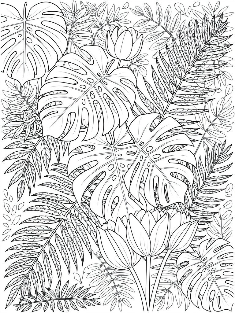 Black and white line art of dense tropical leaves and flowers