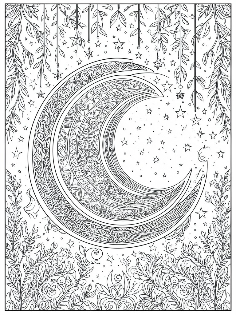 Ornate crescent moon with stars and hanging foliage in black-and-white line art.