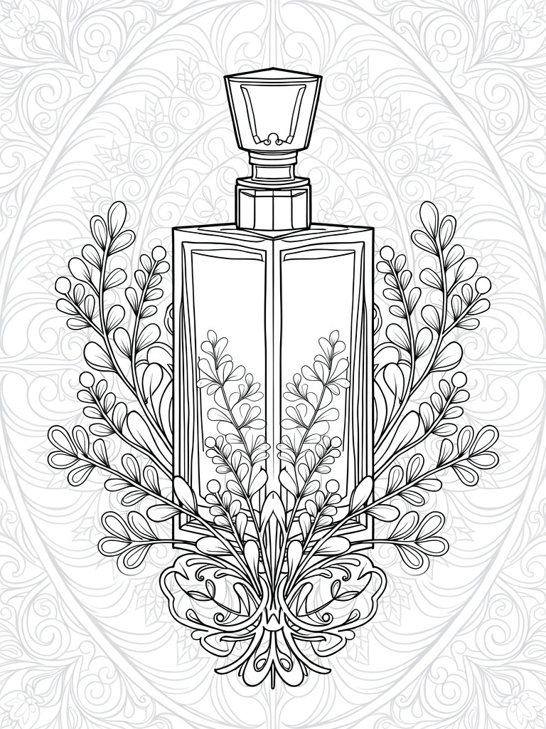 Ornate perfume bottle with symmetrical leafy branches on intricate patterned background