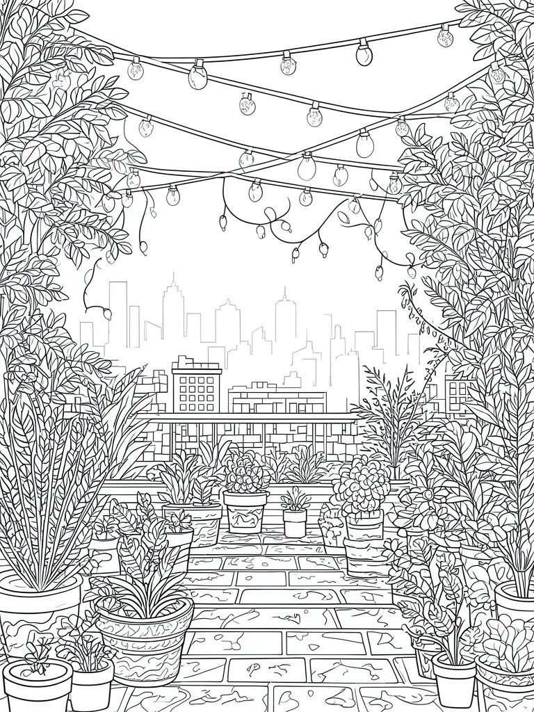 Coloring page of lush rooftop garden with potted plants, string lights, and city skyline.