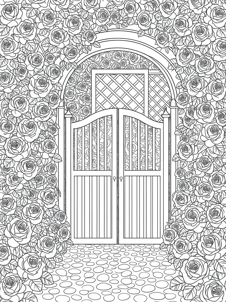 Ornate double gate under rose-covered archway above cobblestone path in line art.