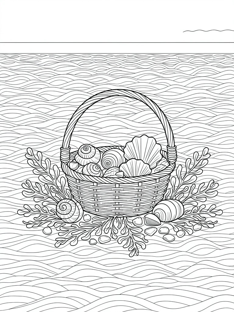 Line drawing of seashell-filled basket on wavy ocean waters with seaweed and pebbles.