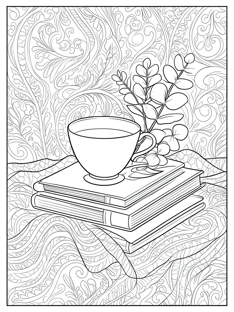Line drawing of a teacup on stacked books beside a leafy branch with swirling background patterns.