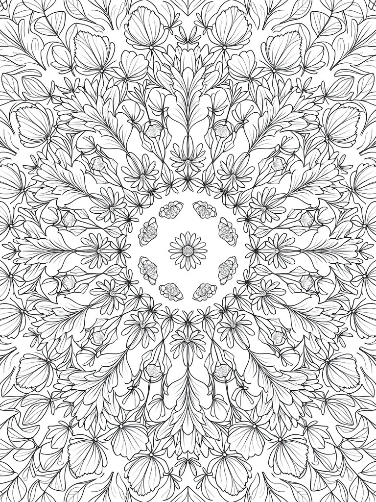 A black and white line drawing of a circular floral mandala filled with symmetrical flowers and leaves.