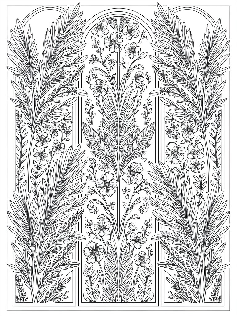A black and white line drawing of a symmetrical floral design with an arched top, featuring plants and flowers in three panels.