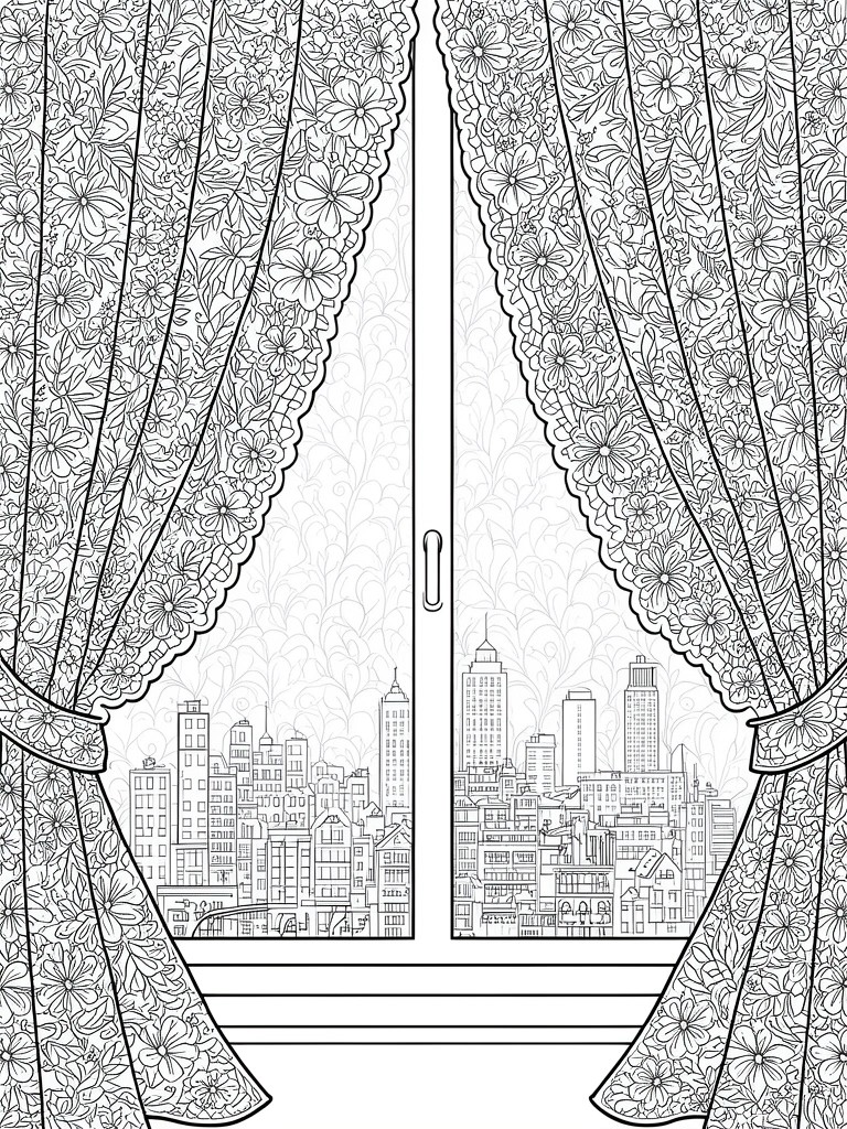 A coloring page of floral patterned curtains tied back on both sides of a window showing a city skyline with various buildings.