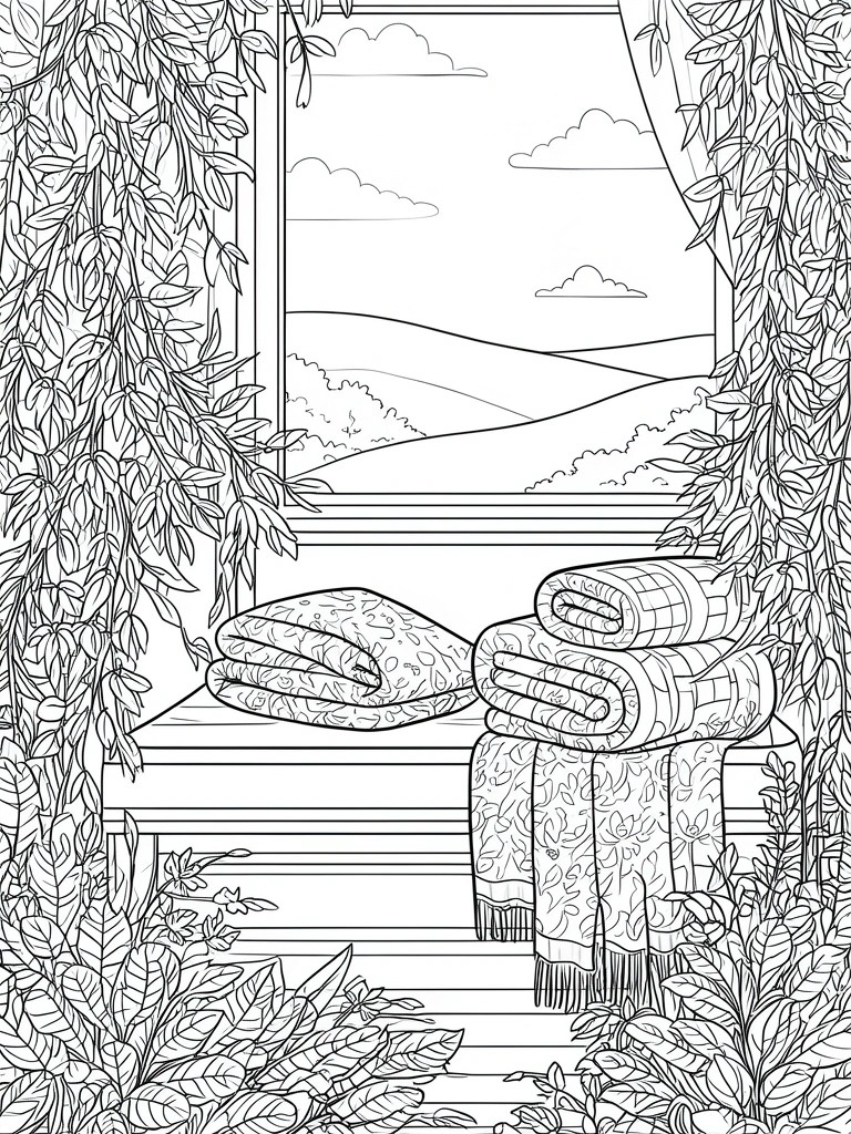 A coloring page shows a window with patterned blankets on the sill, hanging vines on both sides, and hills with clouds visible outside.
