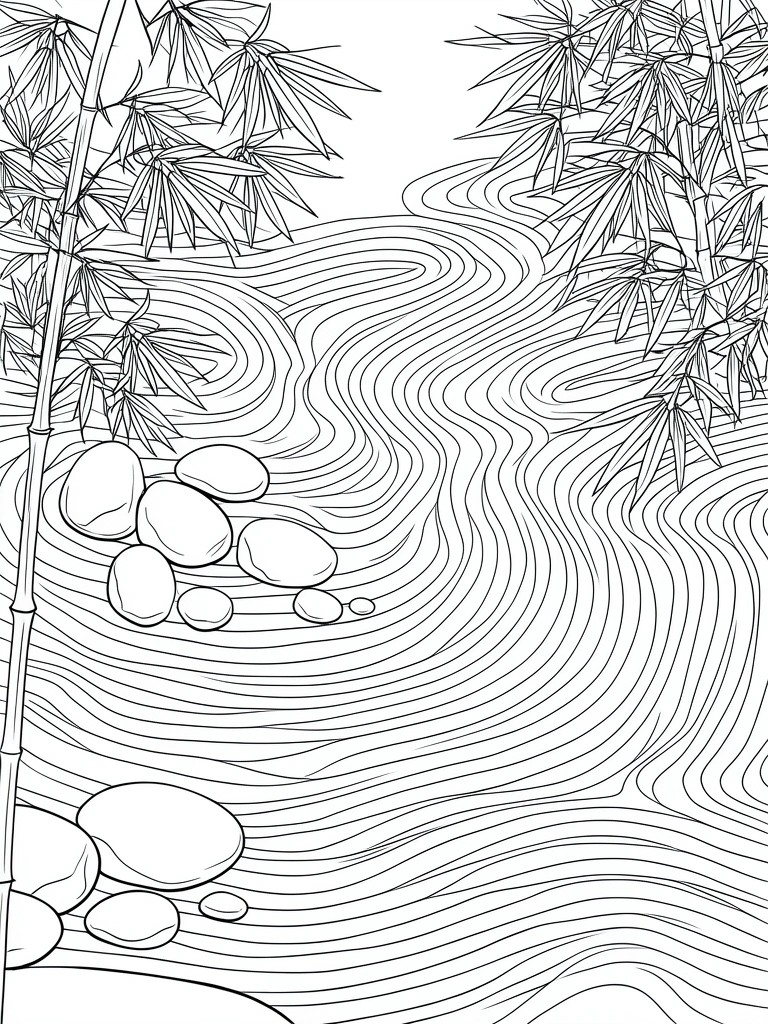 Line drawing of bamboo stalks, rocks, and rippling water lines.