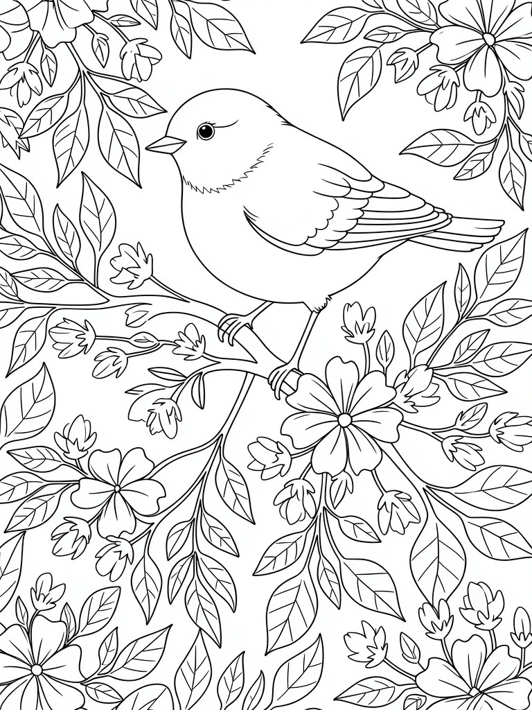 Black and white line drawing of a bird on a flowering branch