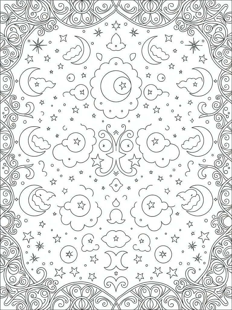 Intricate celestial coloring page with moons, stars, clouds, swirls, and butterfly motif