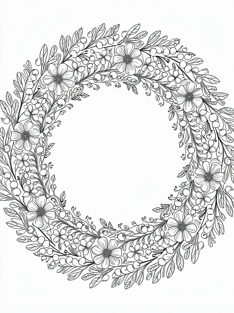 A black and white line drawing of a circular floral wreath made of various flowers, leaves, and berries.