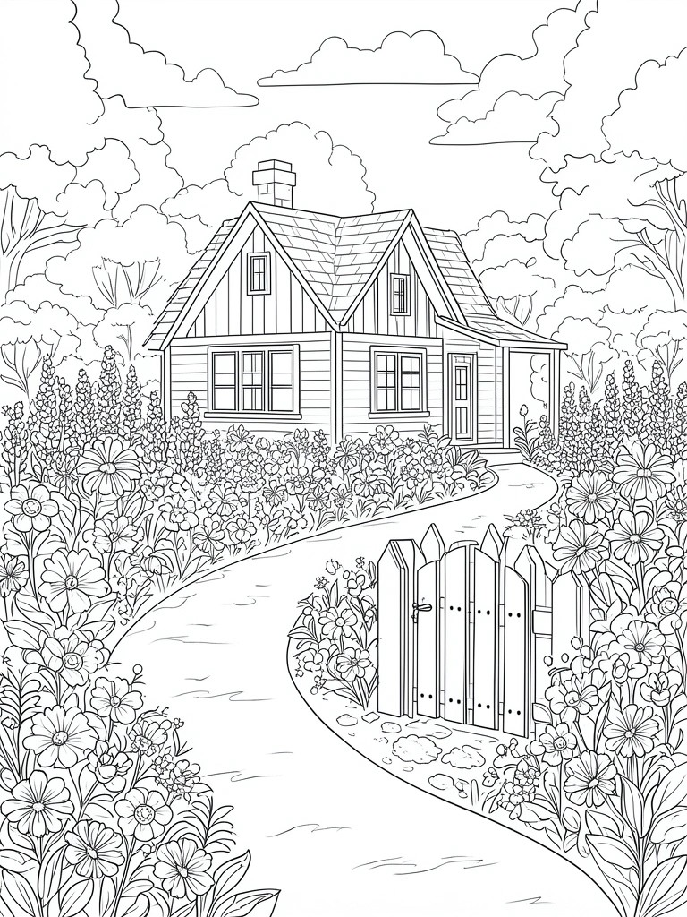 A black and white line drawing of a house with windows and a chimney, a winding path, flowers, trees, and a picket fence.