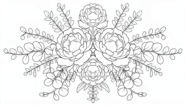 21 Aesthetic Easy Coloring Pages for a Calm Creative Mood Detailed black and white line drawing of peonies with leaves and berries