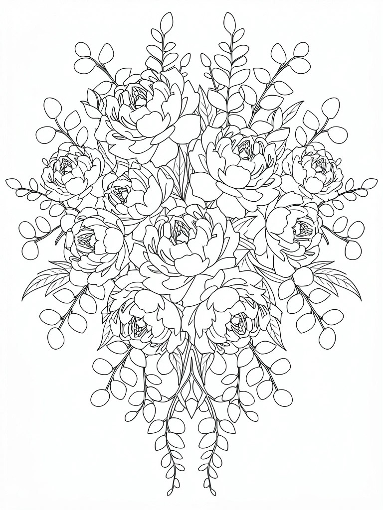Detailed black and white line drawing of peonies with leaves and berries