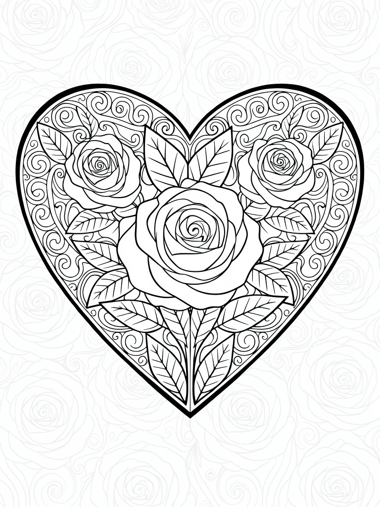 A black and white coloring page shows a heart outline filled with three roses, leaves, and swirl patterns.