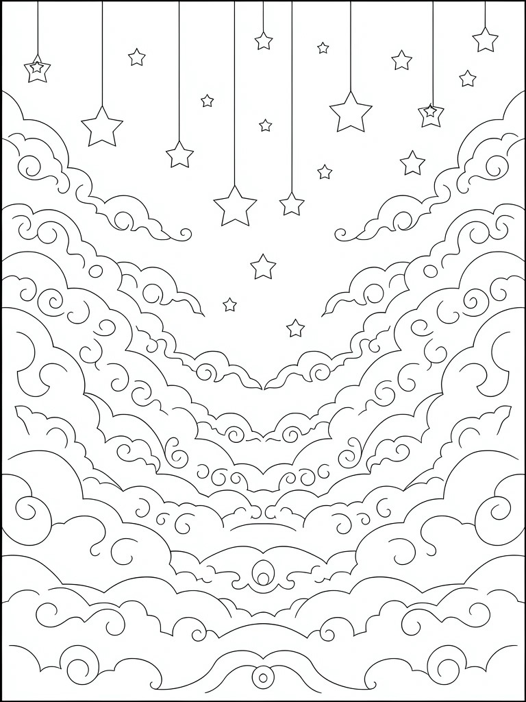A black and white line drawing of a night sky filled with layered swirling clouds, various sized stars, and several stars hanging from vertical lines at the top.