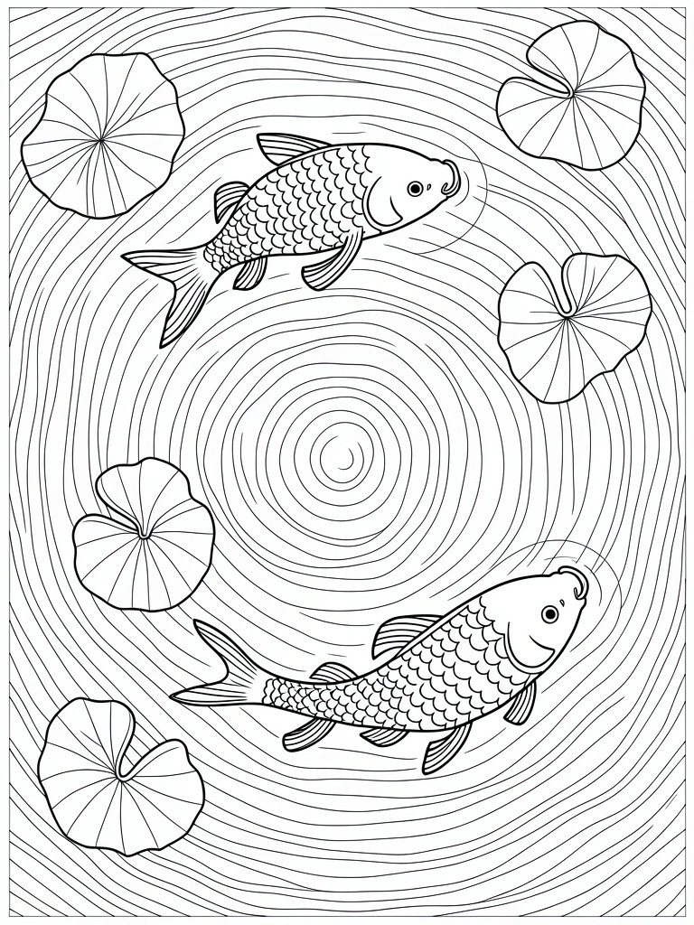 Black and white line drawing of two fish with scaled bodies swimming among several lily pads with water ripple lines in the background.