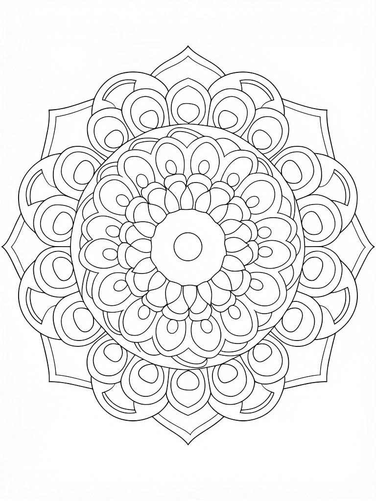A black and white mandala coloring page featuring concentric layers of circular and petal shapes with a small central circle.