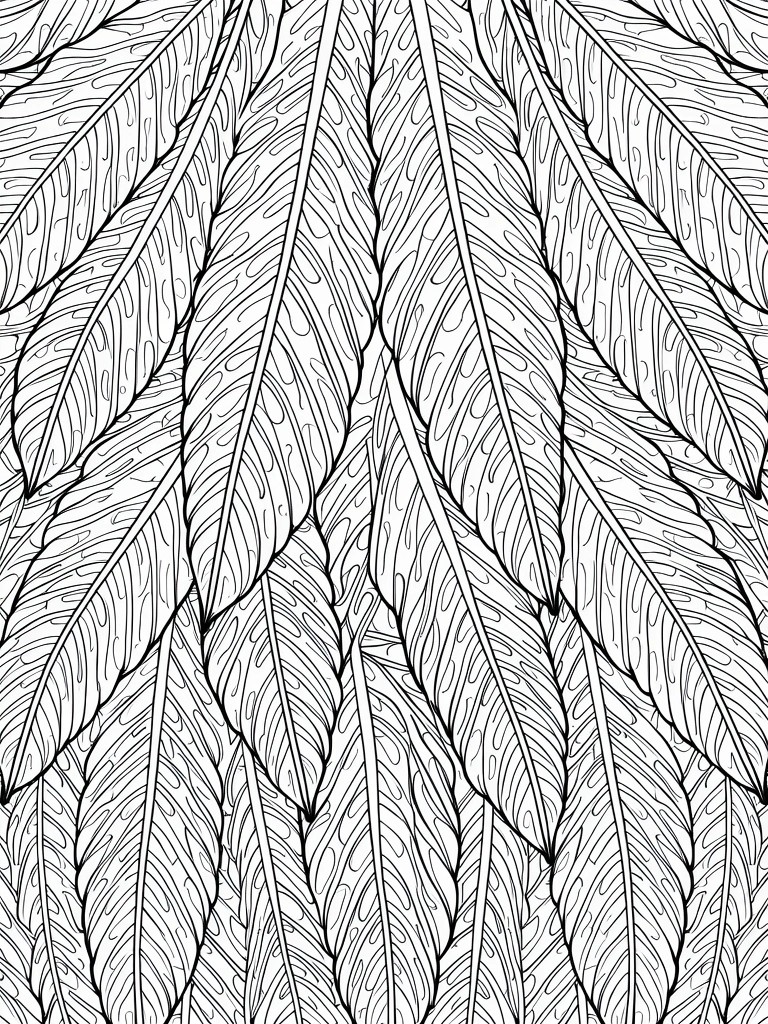 Dense black and white line art of overlapping feathers in intricate patterns.