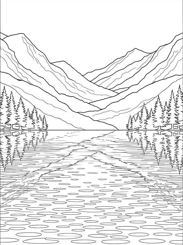 Line drawing of mountains and pine trees reflected in a lake with circular ripple patterns in the water.