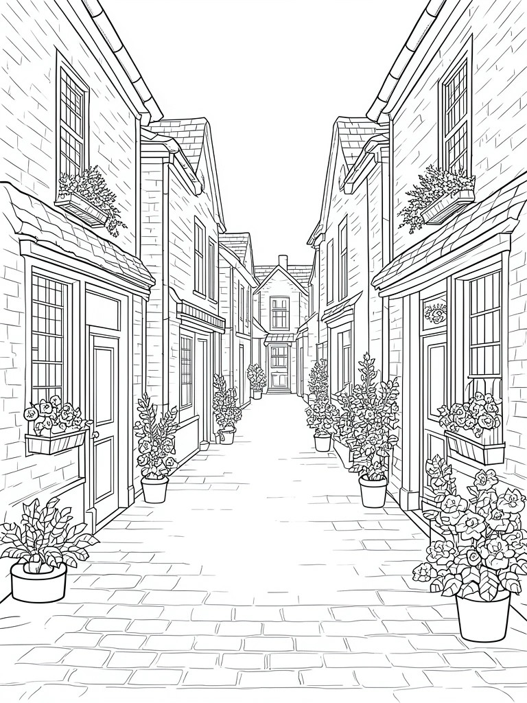 A black and white line drawing of a narrow alley between brick buildings lined with windows, doors, and potted plants.