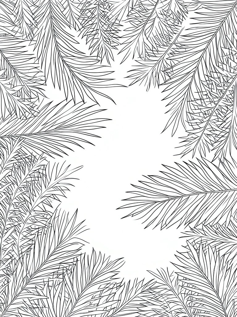 Black and white line drawing of palm leaves arranged as a border around the page edges.