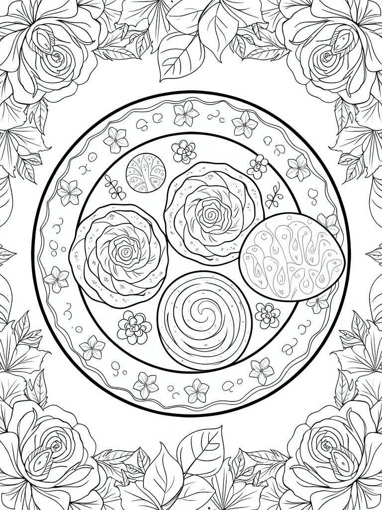 Coloring page of ornate plate with rose and swirl designs amid floral border