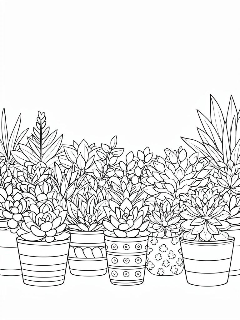 Line drawing of succulents in various patterned pots arranged in a single row.