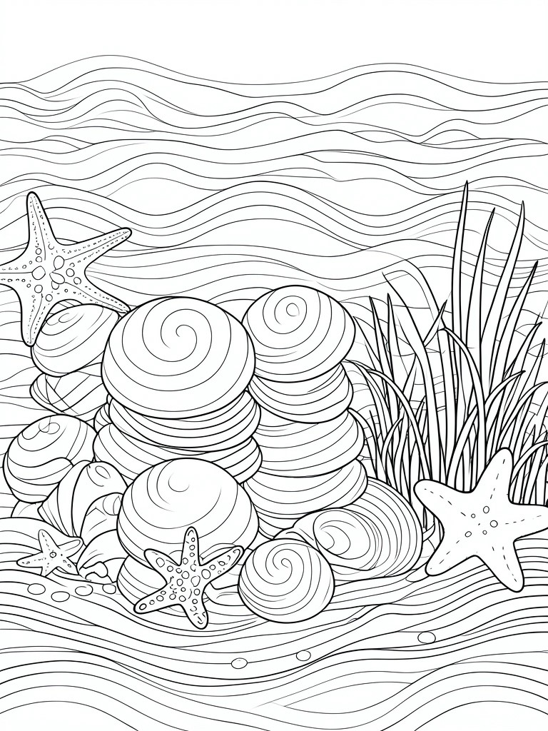 Line art of seashells, starfish, and seaweed amid wavy ocean lines
