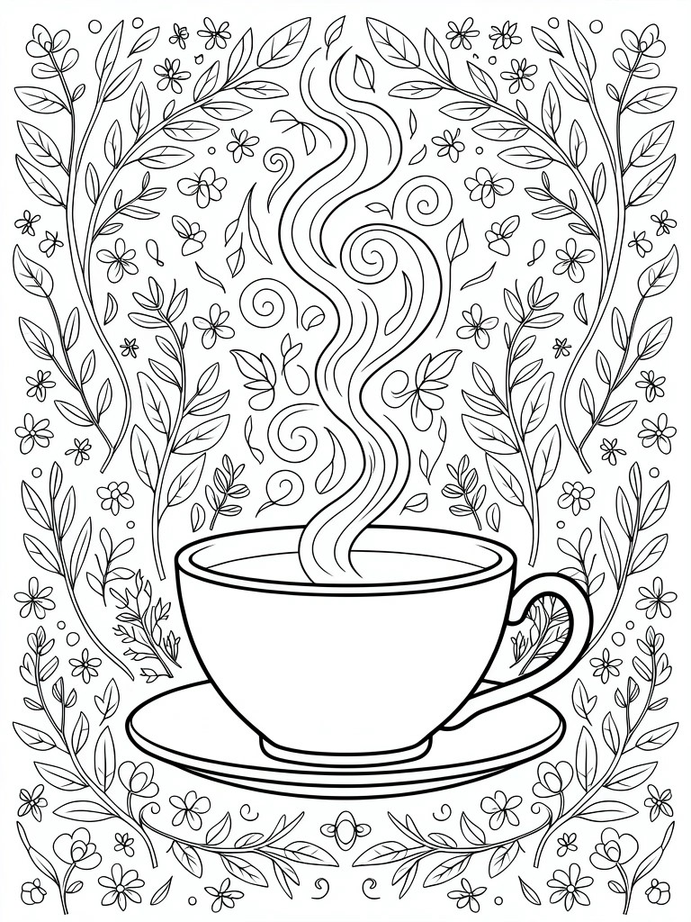 A black and white line drawing shows a teacup on a saucer with rising steam surrounded by flowers and leaves.