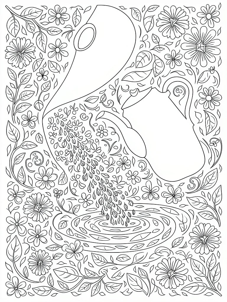 A black and white coloring page of a large watering can pouring water into a pond, with flowers, leaves, and decorative patterns filling the scene.