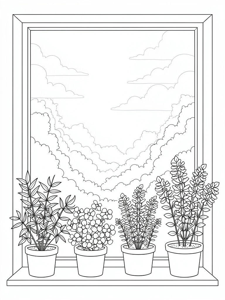 Four potted plants on a windowsill with clouds outside the window