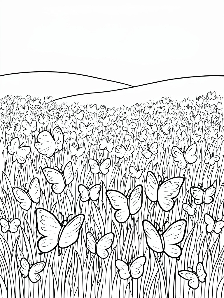 A black and white line drawing of many butterflies among tall grass and flowers with rolling hills above.