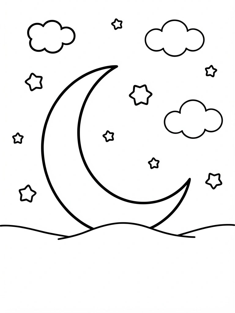 Black and white line drawing of a large crescent moon with scattered stars and clouds above a simple wavy horizon.